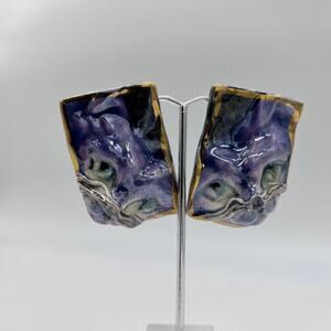Vintage Ceramic Cat Face Earrings Pierced Purple Amy Lacombe ? 80's 90's Jewelry